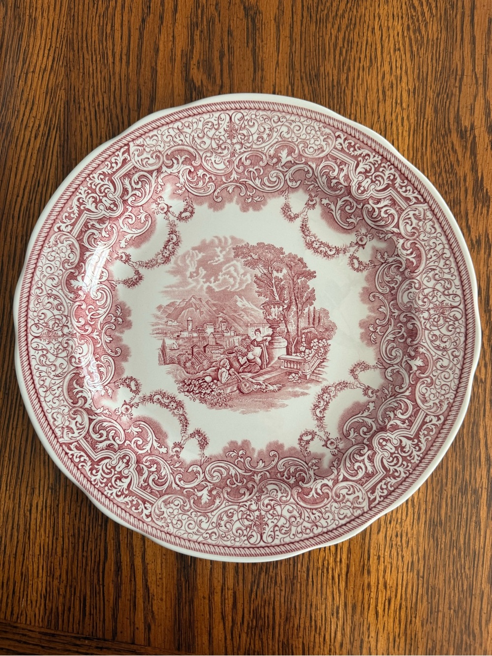 Spode Pink Transferware Dinner Plate with Ornate Scroll Border